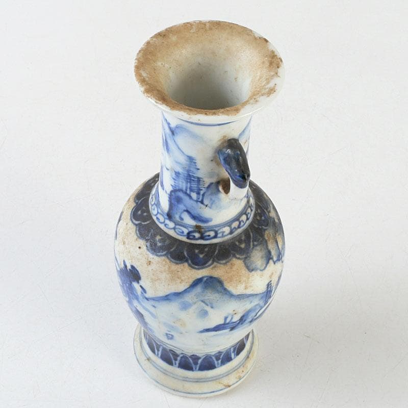 高橋道八 (華中亭道八) 作　染付　山水人物文　双耳瓶　花瓶　C　9387