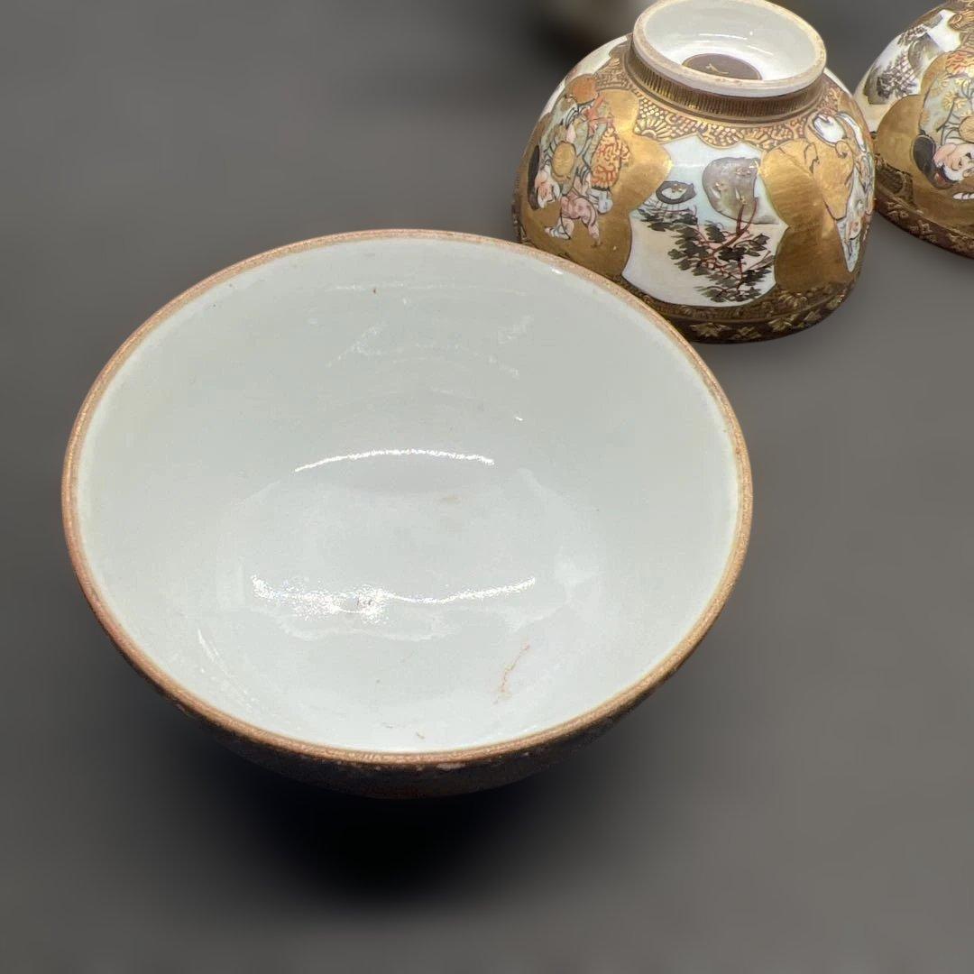 明治時代　金彩山水人物画九谷焼煎茶器セット　宝瓶１点　湯呑み３点まとめて煎茶道具