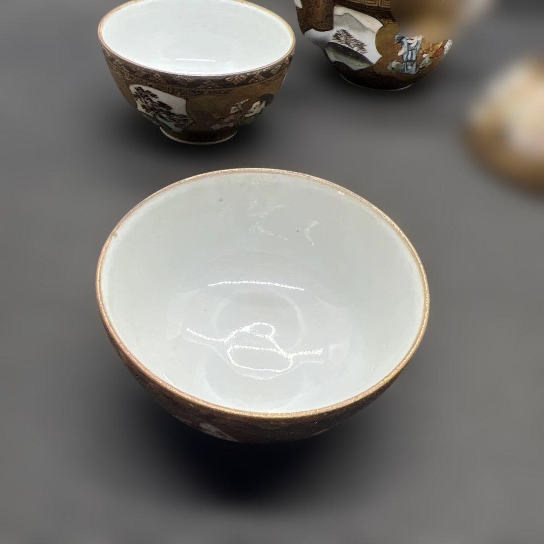 明治時代　金彩山水人物画九谷焼煎茶器セット　宝瓶１点　湯呑み３点まとめて煎茶道具