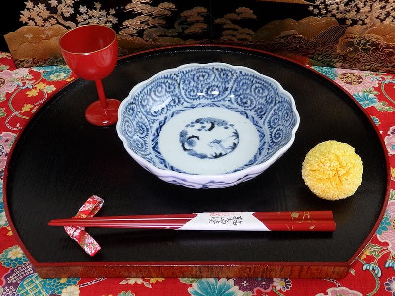 古伊万里　染付　蛸唐草に松竹梅の図　膾皿　２客　江戸期　E913AS-CSy