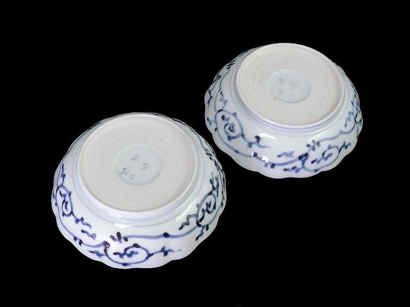 古伊万里　染付　蛸唐草に松竹梅の図　膾皿　２客　江戸期　E913AS-CSy