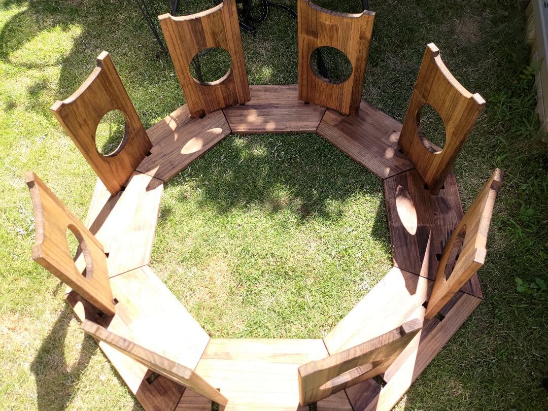 木製手作りキャンプテーブル 囲炉裏 組み立て式円卓 ファイヤーオクタゴンテーブル