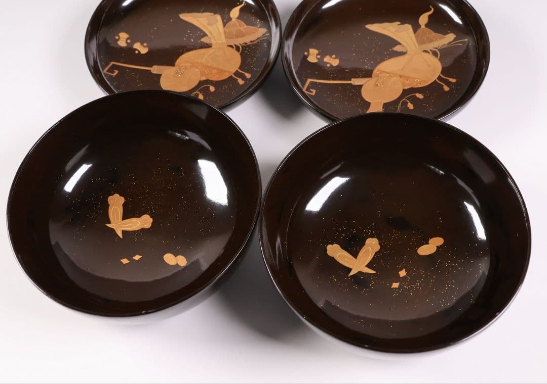 【MB192】輪島塗 宝尽くし金蒔絵 黒塗椀 二客 天然木漆塗 大正昭和 茶懐石