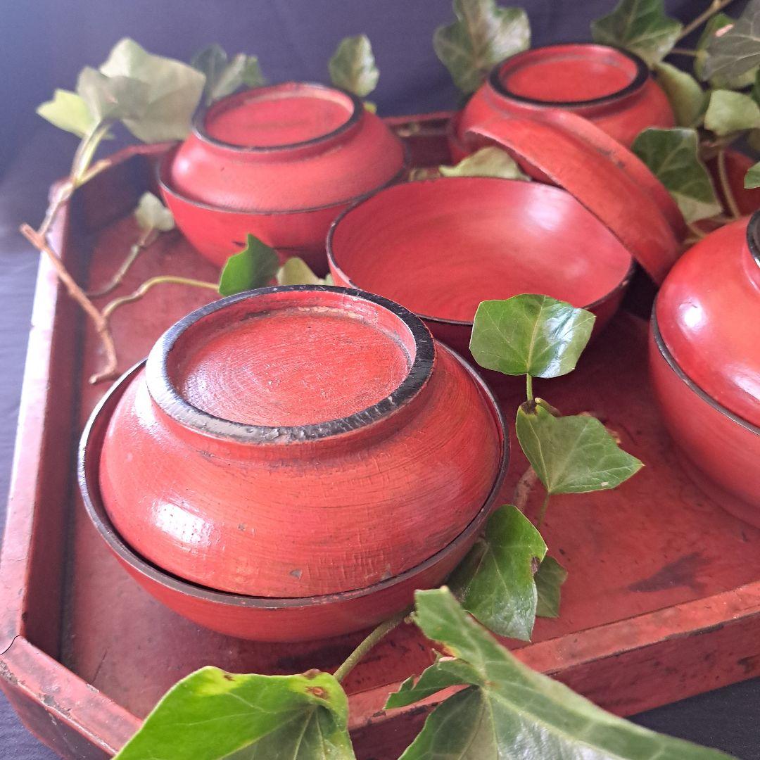 「根来(ねごろ)椀の渋み！」桃山時代？木製漆器(直径12cm) 5個セット 骨董