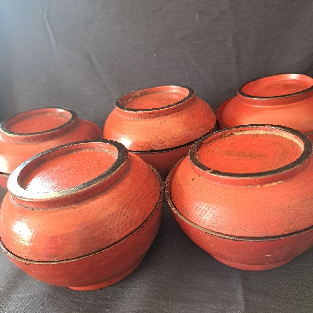 「根来(ねごろ)椀の渋み！」桃山時代？木製漆器(直径12cm) 5個セット 骨董