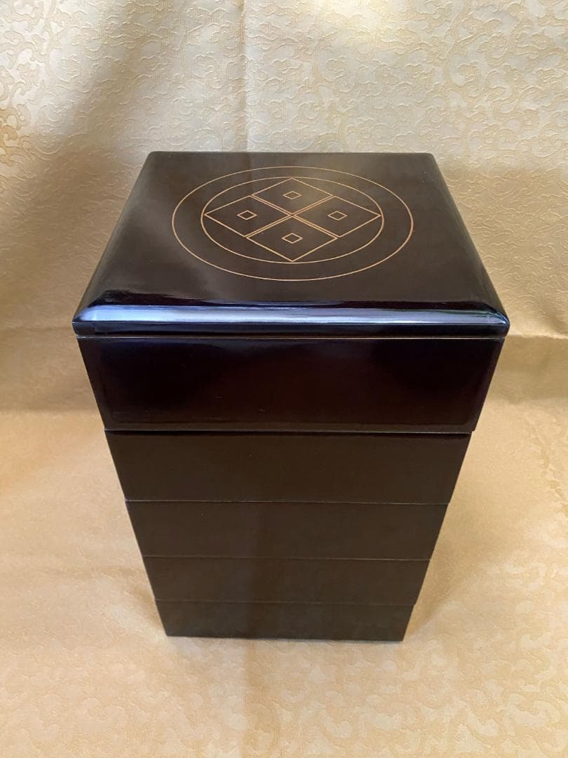 輪島塗 五段重箱 家紋入 重箱 共箱付き 木製 漆器 金彩