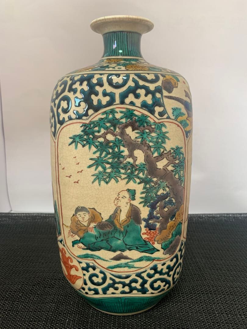 江戸　古九谷　人物花鳥　角福　花瓶　送料込み