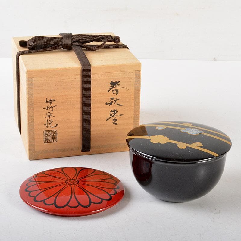 茶道具　 山中塗　中村宗悦作　螺鈿装飾　春秋棗　蓋二種　共箱　V　R6488