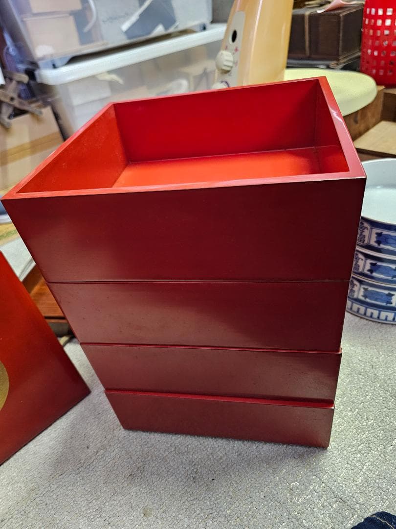 幕末明治の能登輪島塗沈金家紋重箱 蓋2枚付き