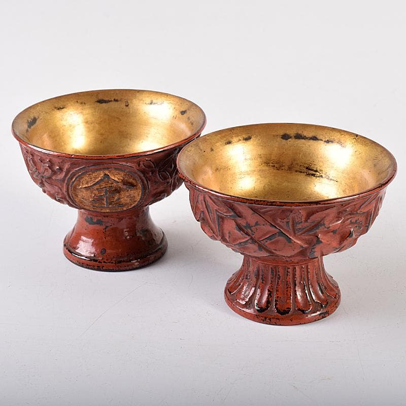 根来塗　朱塗　金彩　紅葉刻　漢詩刻　杯　一對　時代箱付　F　R8032