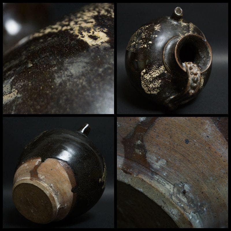 唐 黄道窯 黒釉白斑水注 湯瓶 土瓶 湯沸 唐物 木製箱付★時代物★希少品