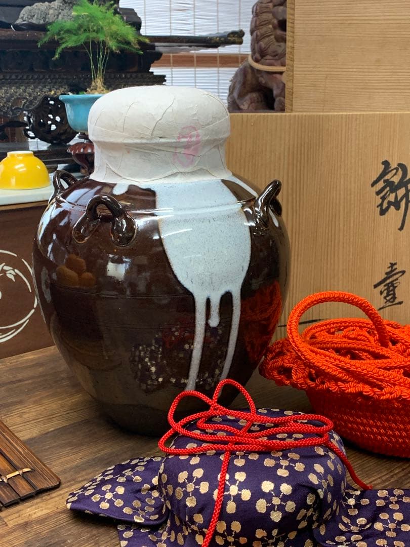 美品　大茶壷　飾り茶壺　呂宋壷 口覆仕服 荒磯網 口紐付　在銘　共箱　茶道具