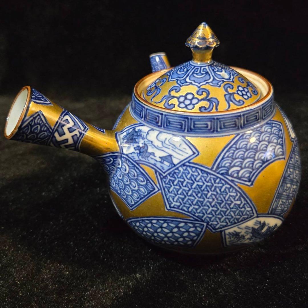 平安　清昌造　急須　共箱　急須　煎茶　宝瓶　京焼　陶器製 金地染付扇面図