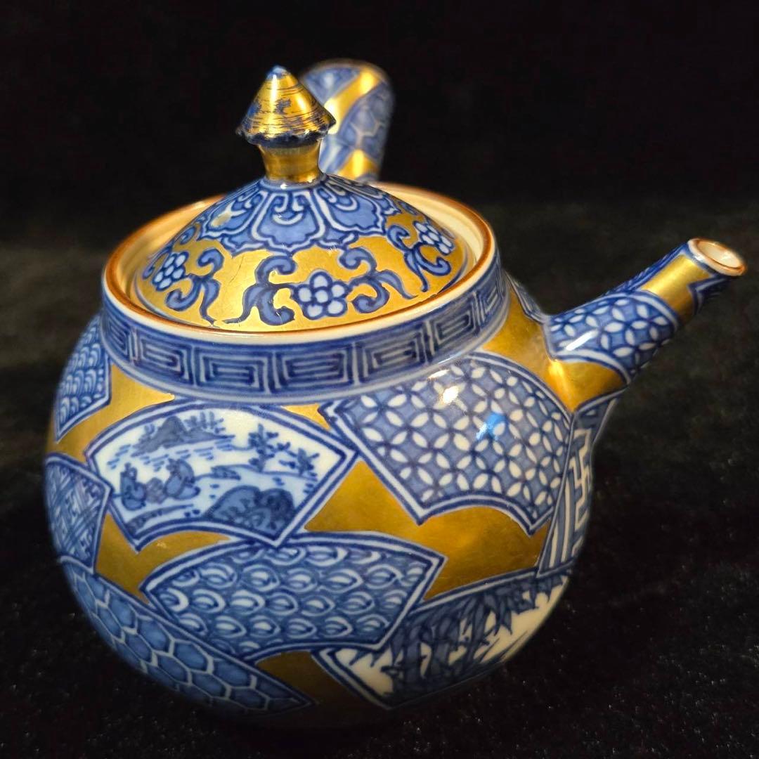 平安　清昌造　急須　共箱　急須　煎茶　宝瓶　京焼　陶器製 金地染付扇面図