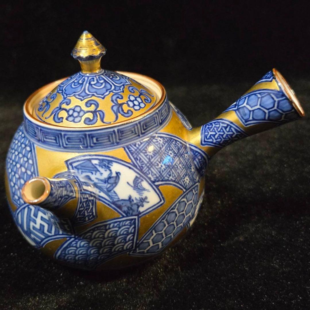 平安　清昌造　急須　共箱　急須　煎茶　宝瓶　京焼　陶器製 金地染付扇面図