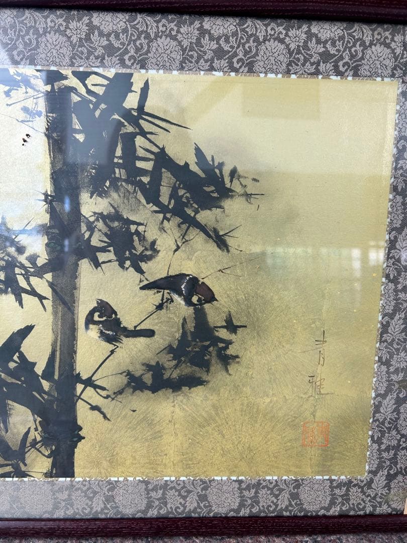 山田青雅 水墨画 扁額　大作　日本画　竹林に雀