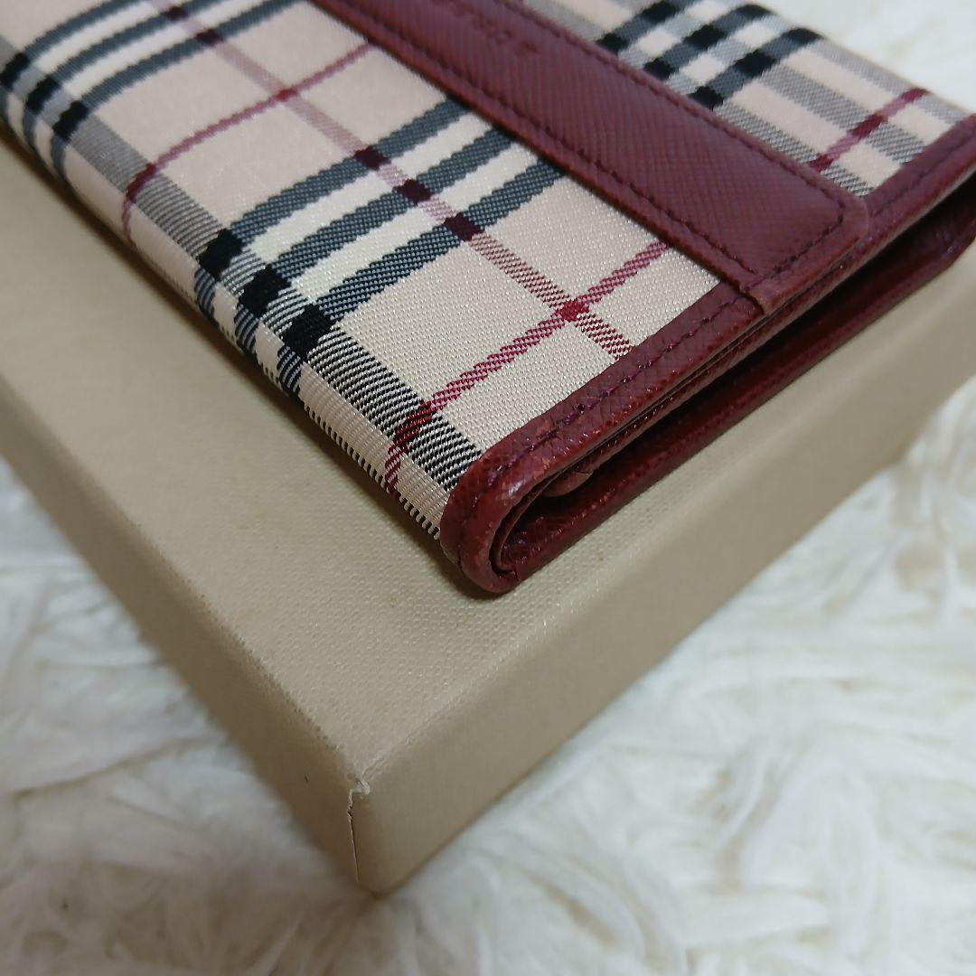 【美品】【BURBERRY】ノバチェック　３つ折り財布　ベージュ　ボルドー