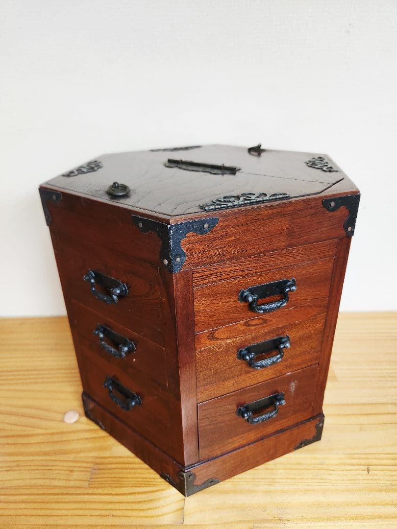 六角形 木製タンス引き出し収納箱昭和レトロアンティークヴィンテージ古道具李朝家具