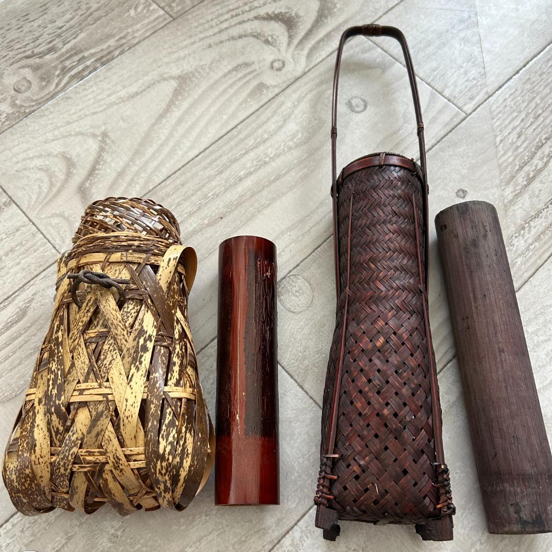 掛花入 竹編 /　手付　角網　花入　染竹：2個まとめセット　昭和レトロ　時代物