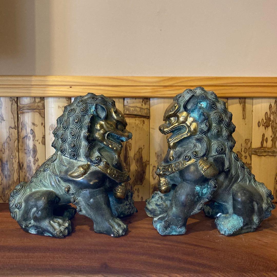 シーサー 獅子 狛犬 置物 骨董 真鍮 金属合金 縁起物 工芸