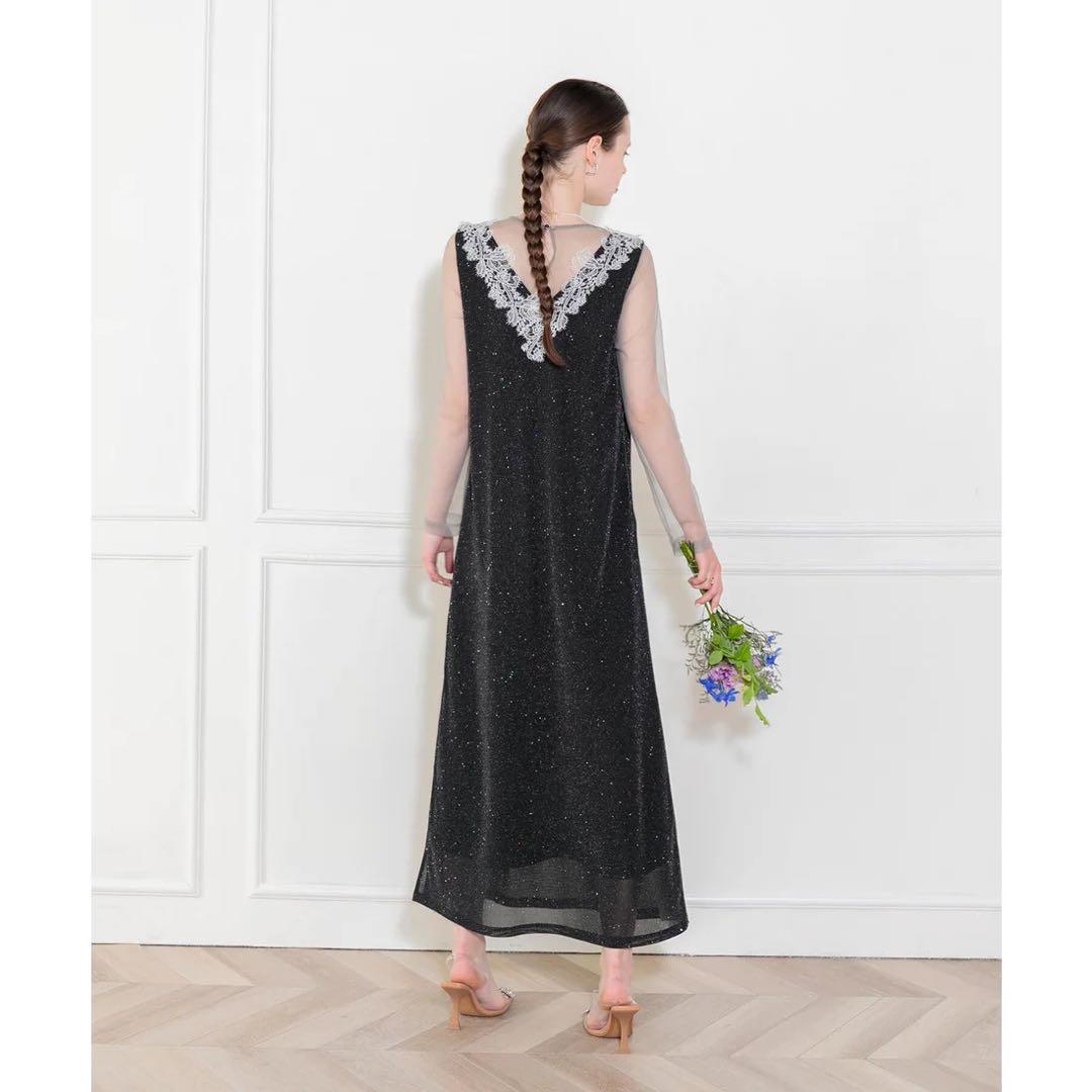 mayu　レジャ　レースネック透け袖スリットキラキラロングドレスワンピース