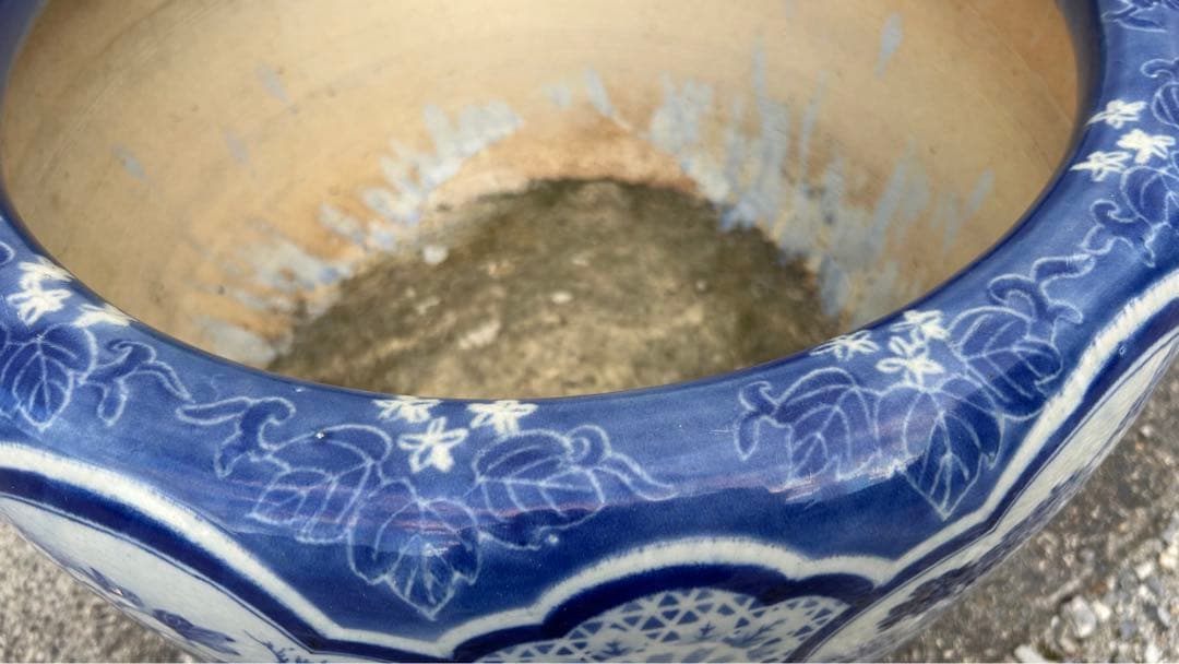 古伊万里　花唐草　染付　山水　花　松　大　火鉢　メダカ鉢　時代