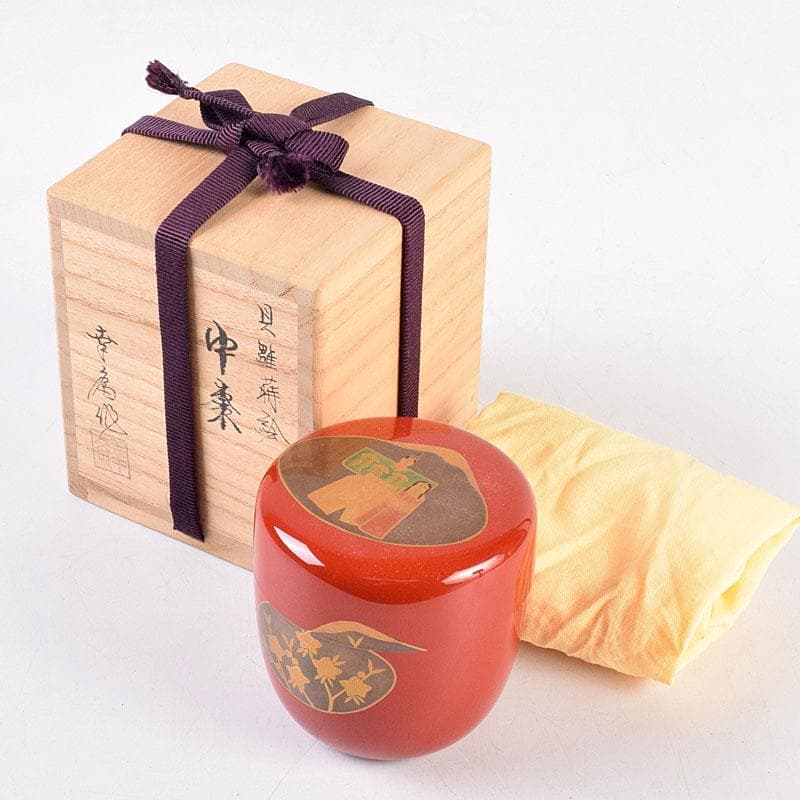 茶道具　竹内幸斎作　朱塗　貝雛蒔絵　中棗　共箱　V　8384