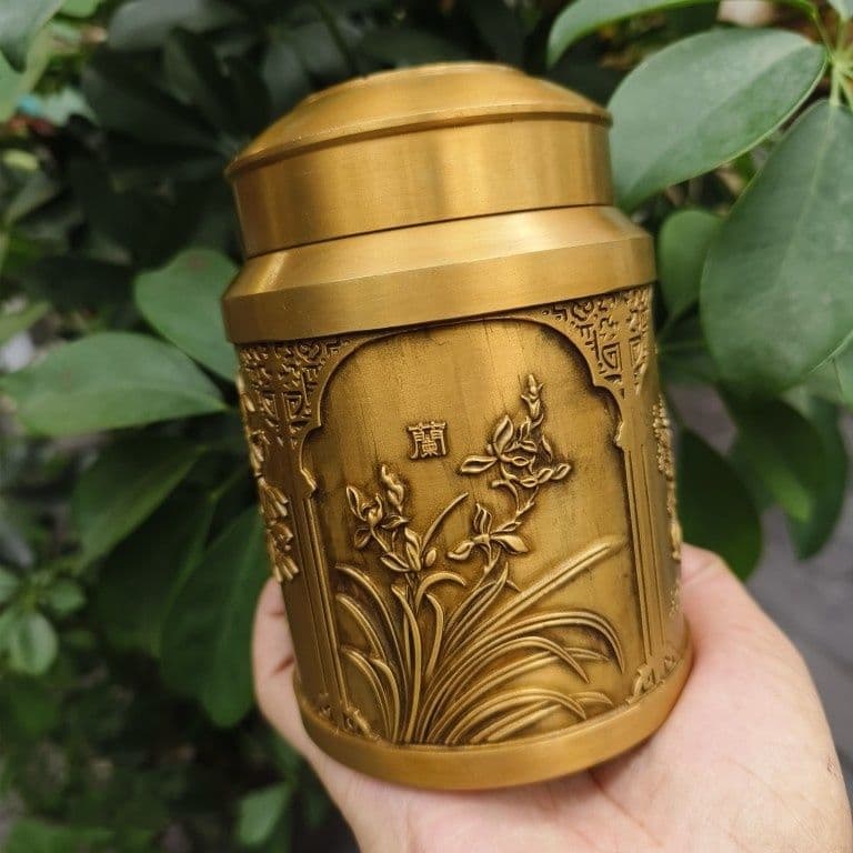 銅 細工 梅蘭竹菊茶缶 密封貯蔵缶 茶道工芸品 置物