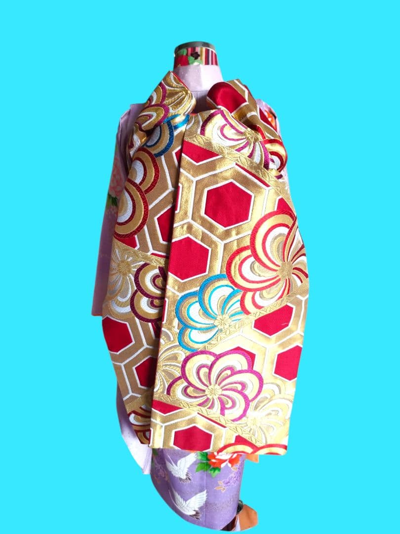 赤に亀甲、梅の花模様のだらりの帯☆作り帯