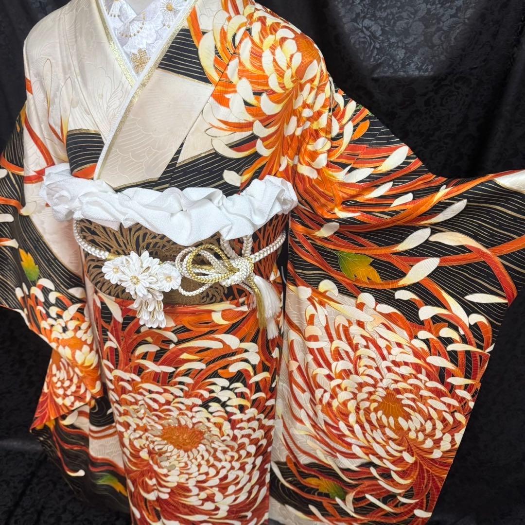 乱菊　大柄　地紋　金駒刺繍　金彩　フルセット　振袖　振り袖