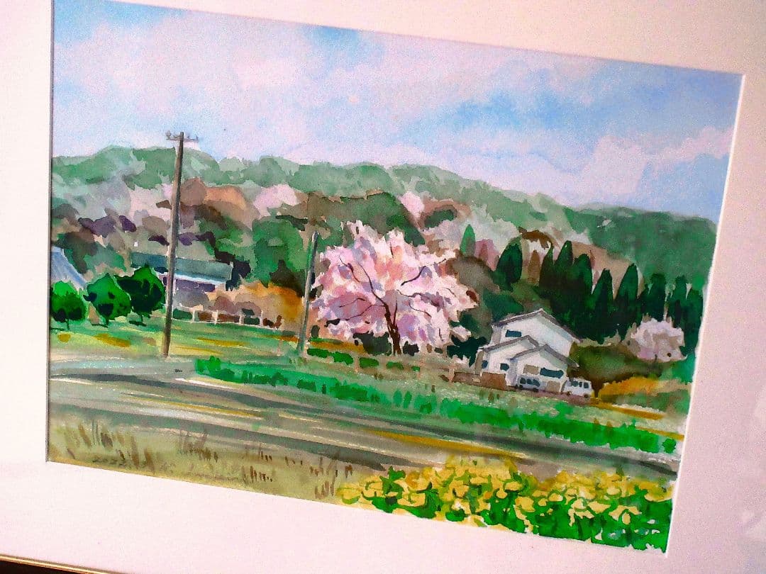 桜の風景 水彩画 額装付き 原画