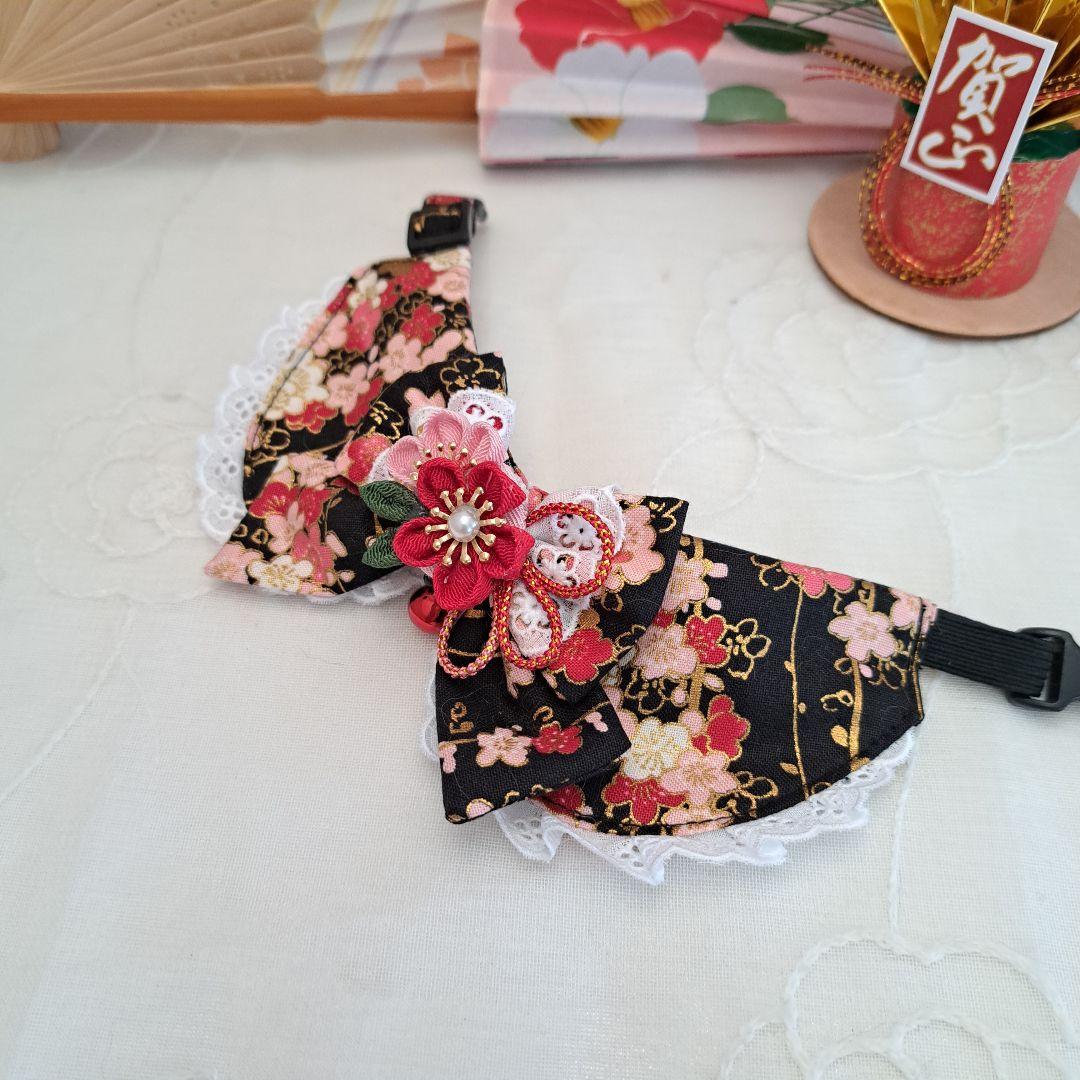 お正月仕様和風つまみ細工(黒②)わんちゃん猫ちゃん用襟つき首輪
