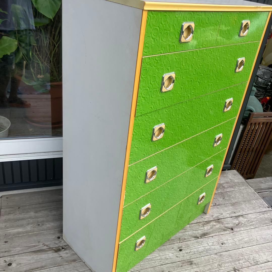 昭和レトロ 薔薇柄 花柄 木製チェスト 6段7杯 タンス 古家具 ビンテージ 緑