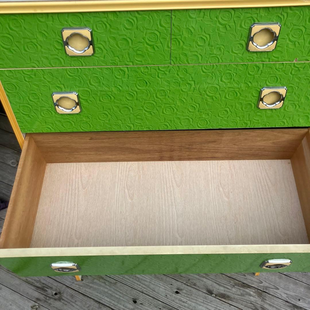 昭和レトロ 薔薇柄 花柄 木製チェスト 6段7杯 タンス 古家具 ビンテージ 緑