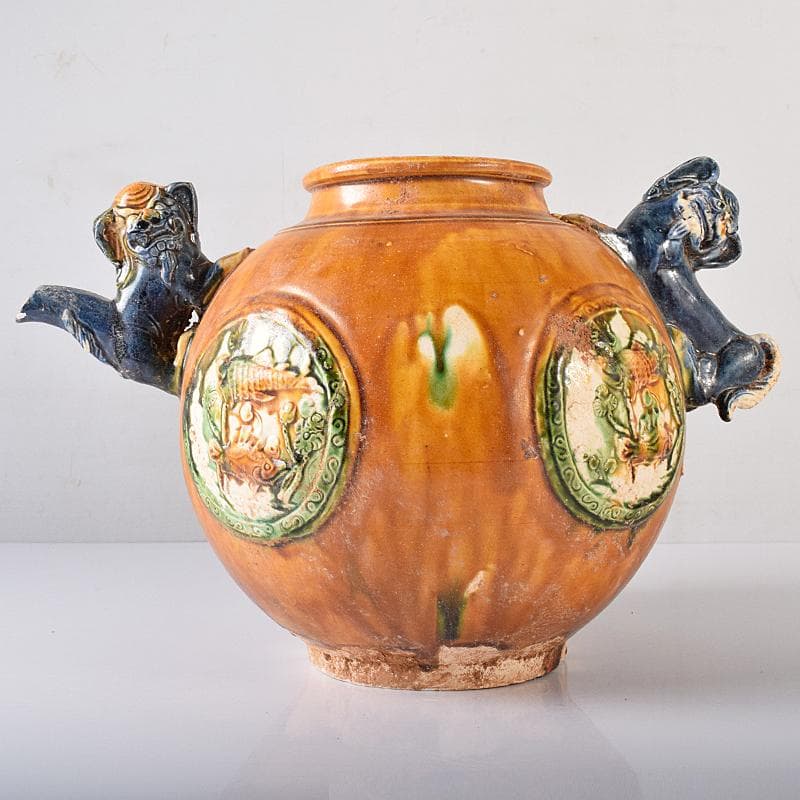 中国　唐三彩　獅子取手　獅子口　執壷　水注　V　R8340B