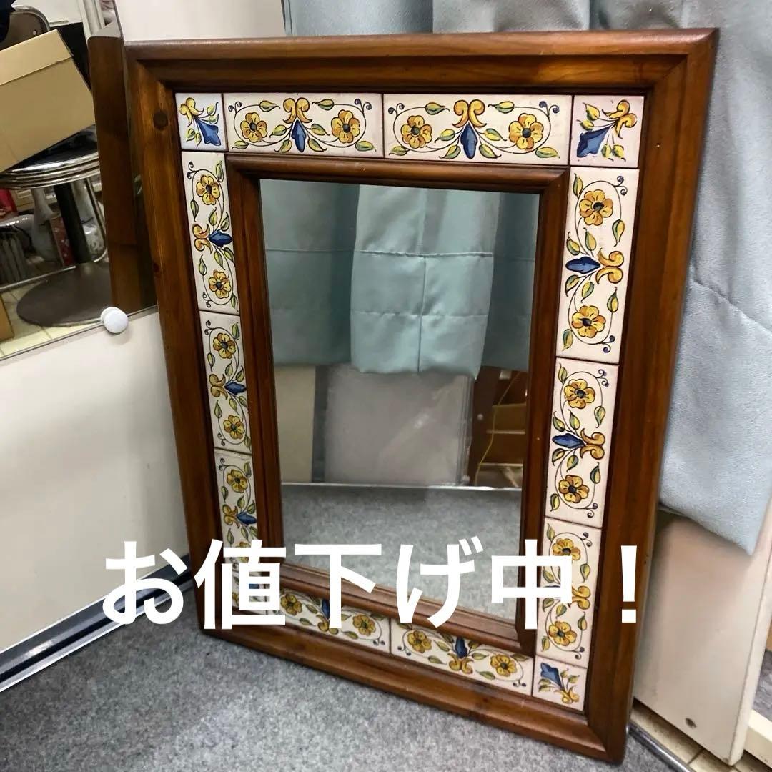 N スペイン製　アンティーク　壁掛けミラー　鏡　タイル張り　送料込み
