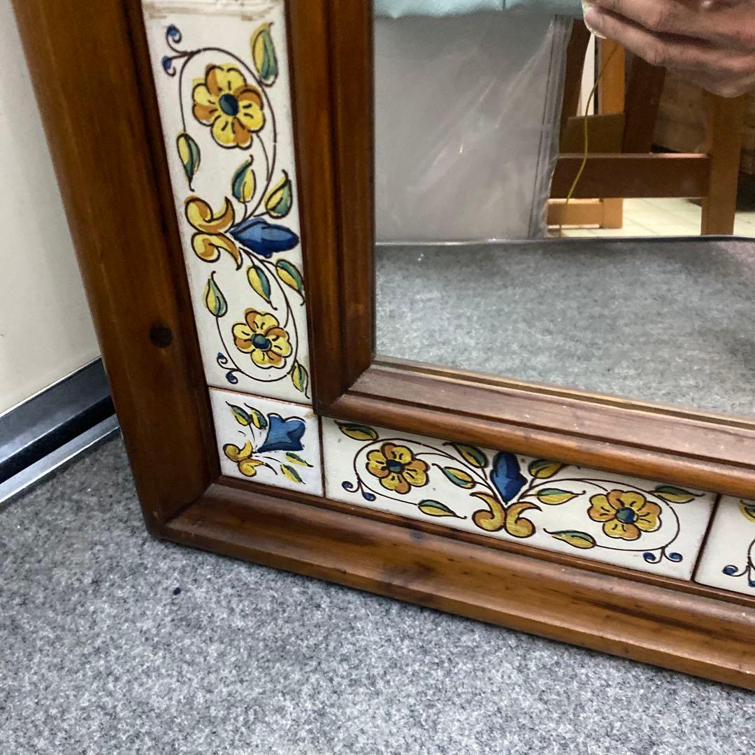 N スペイン製　アンティーク　壁掛けミラー　鏡　タイル張り　送料込み