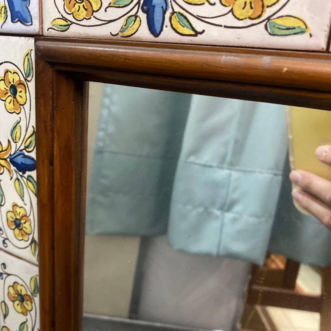 N スペイン製　アンティーク　壁掛けミラー　鏡　タイル張り　送料込み