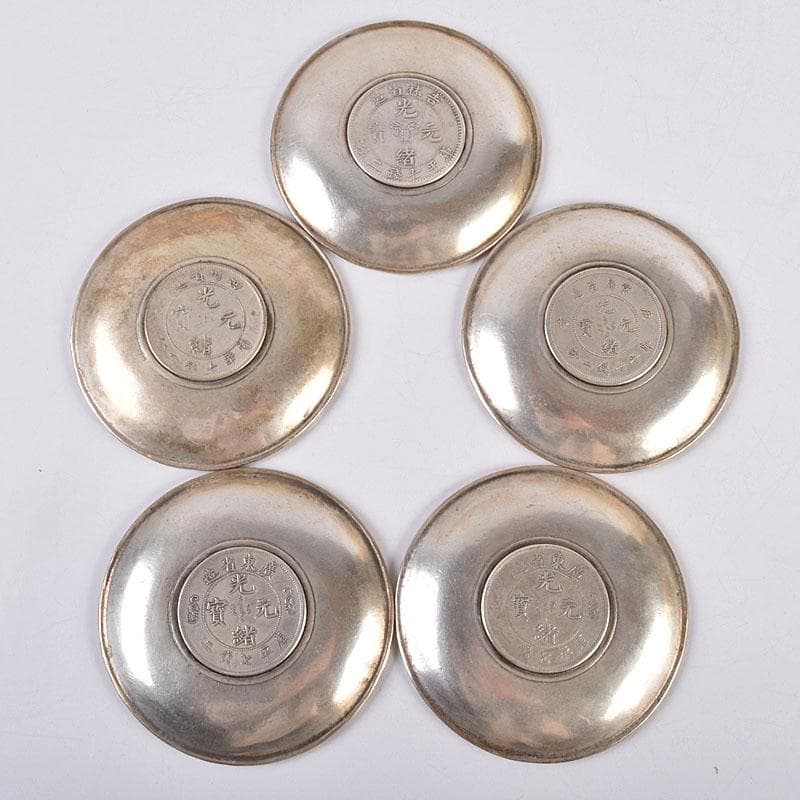 煎茶道具　中華銀幣刻印装飾　龍笹文茶托　五客　壹圓　C　R8917