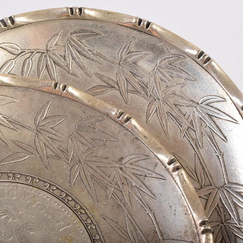 煎茶道具　中華銀幣刻印装飾　龍笹文茶托　五客　壹圓　C　R8917