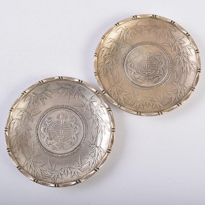 煎茶道具　中華銀幣刻印装飾　龍笹文茶托　五客　壹圓　C　R8917