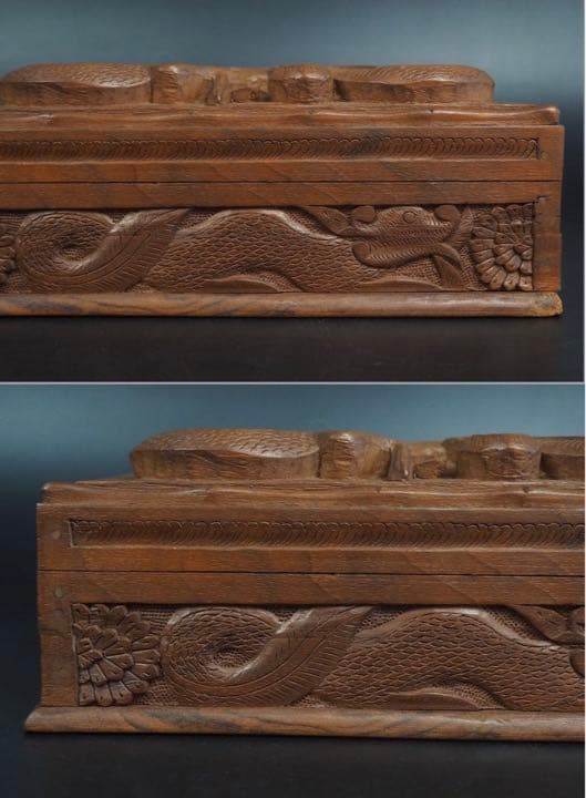 送料無料　時代物　龍彫刻からくり宝石箱　珍品木箱