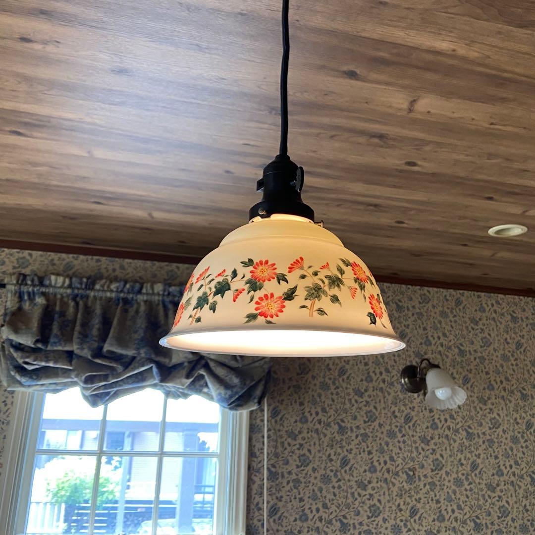 アンティーク照明　電笠　花柄絵付　磁器シェード　ペンダントライト