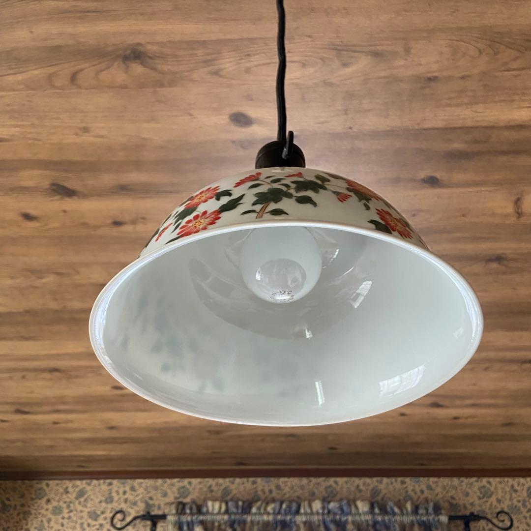 アンティーク照明　電笠　花柄絵付　磁器シェード　ペンダントライト