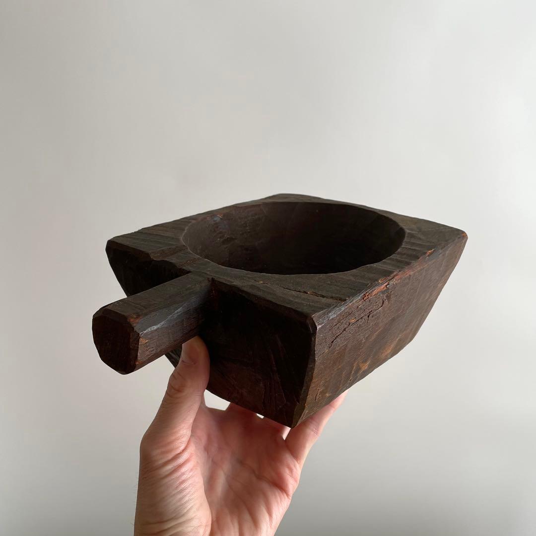 アンティーク 民藝 木工 把手付臼 花器 ブロカント インド FOLK ART