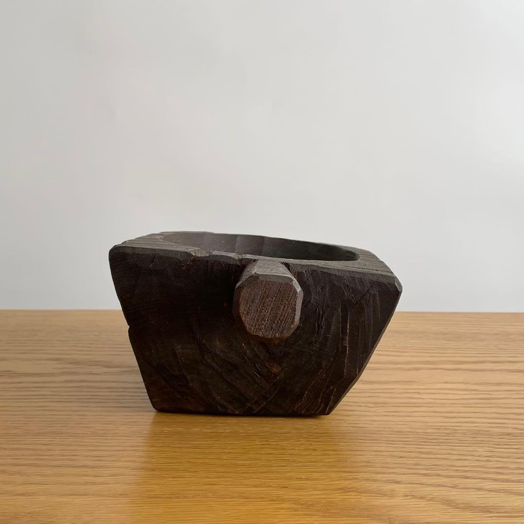 アンティーク 民藝 木工 把手付臼 花器 ブロカント インド FOLK ART