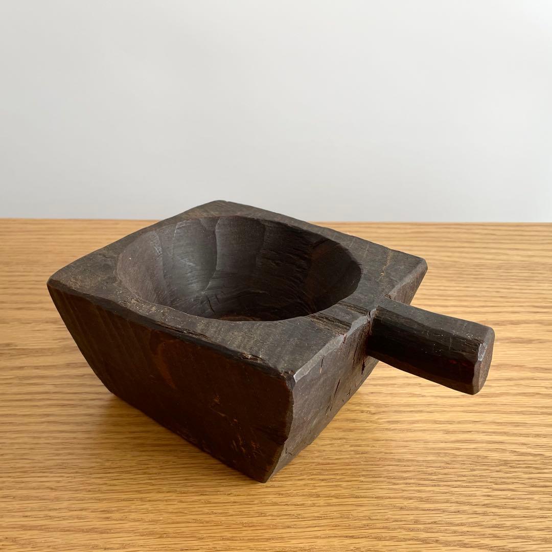 アンティーク 民藝 木工 把手付臼 花器 ブロカント インド FOLK ART