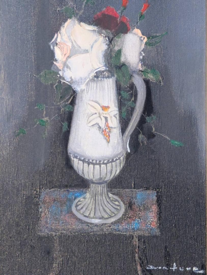 【真作】絵画　荒船利雄　油彩SM　ばら　優雅な佇まいの油彩作品　Y69