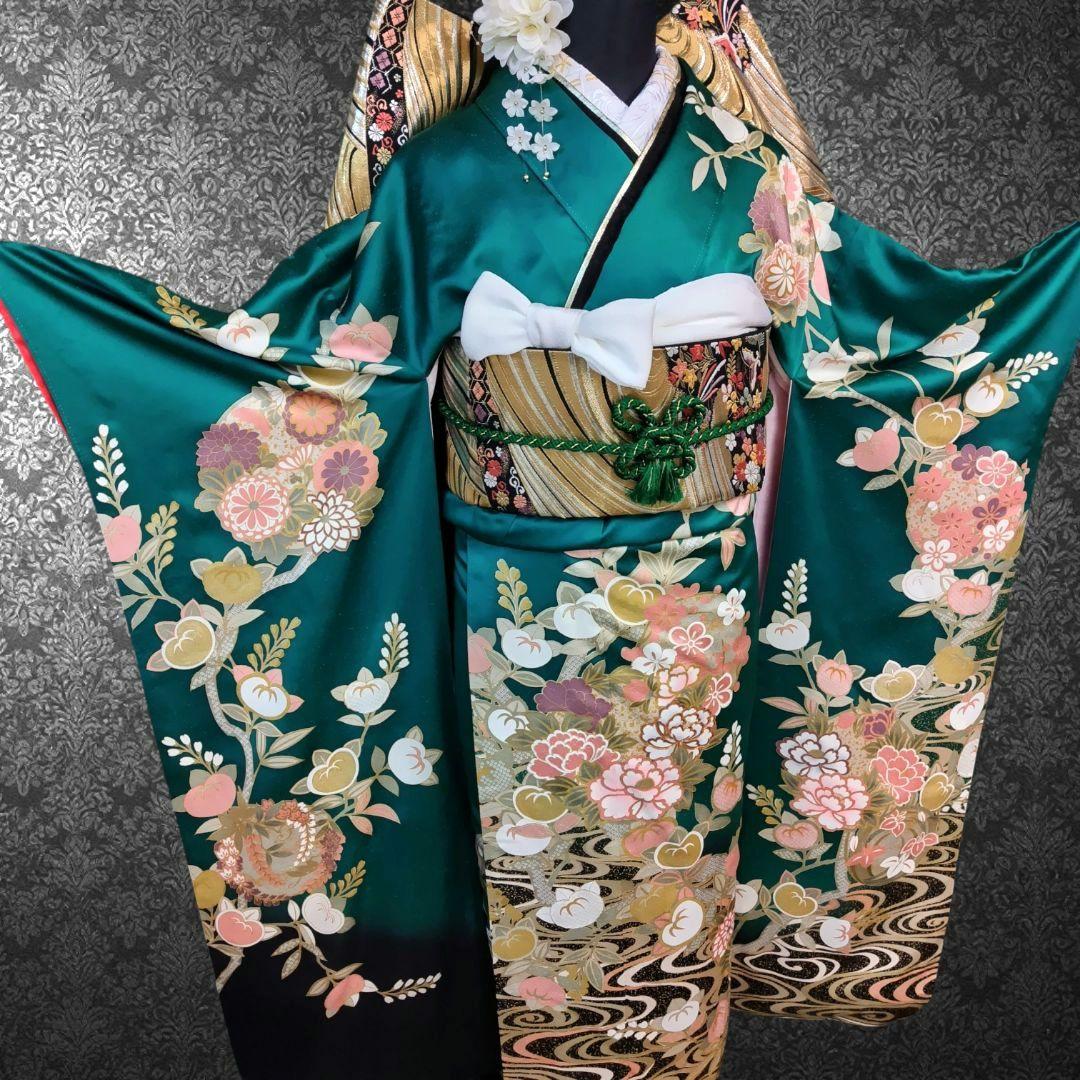 振袖フルセット(7点)・古典柄・金駒刺繍・金彩加工・鹿の子柄・正絹