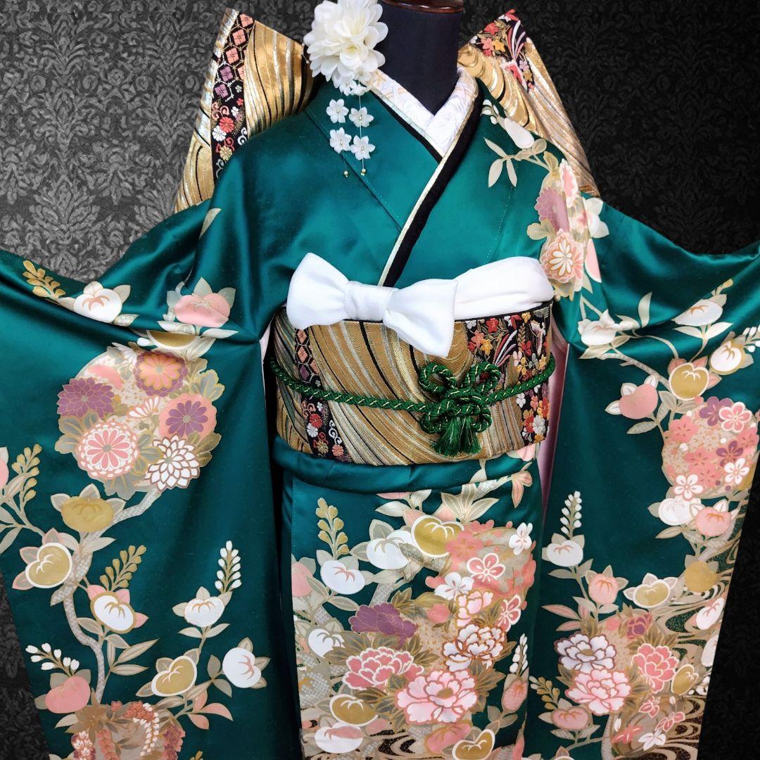 振袖フルセット(7点)・古典柄・金駒刺繍・金彩加工・鹿の子柄・正絹